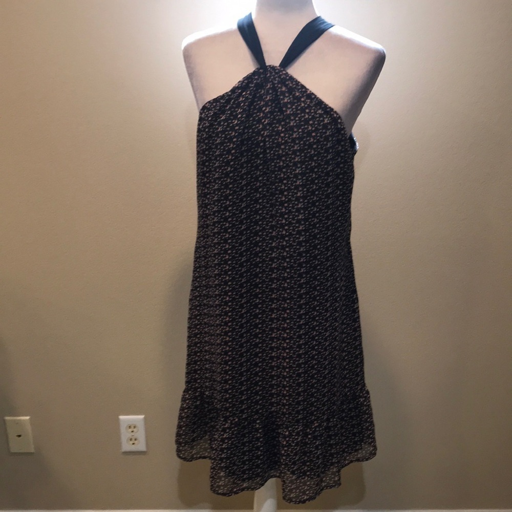 Maison Jules Halter Tie Back Ruffle Hem Sheer Lined Side Zip Mini Dress-Size 10